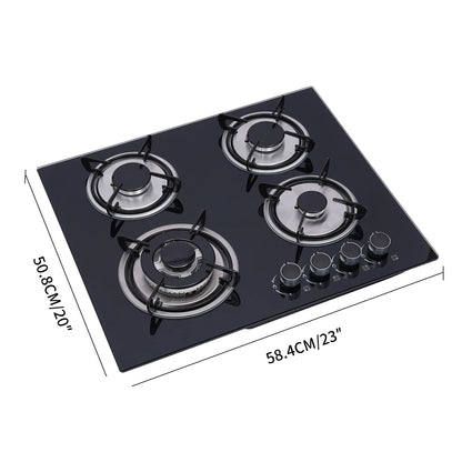 4 Burners LPG Gas Cooktop Black Tempered Glass Panel Cast Iron Stainless Steel Construction Polishing Process Built In Installation US Standard Plug 110V 2800Pa Working Pressure Four Multi Power Burners Household Commercial G