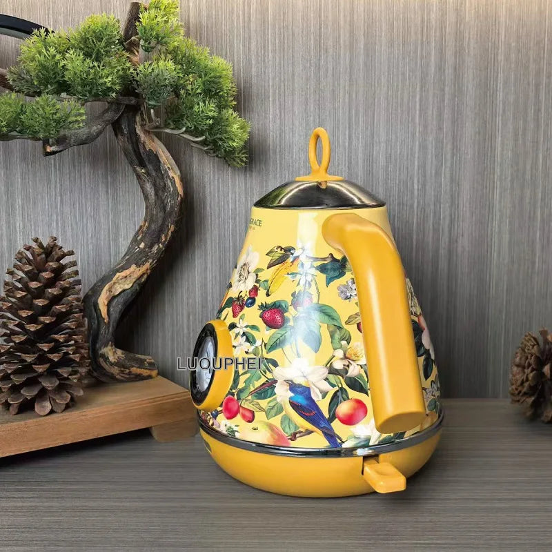 1.7L Retro Yellow Paint Decal Electrc Kettle Boiling Water with Thermometer Automatic Power Off 304 stainless Steel Teapot 1850W