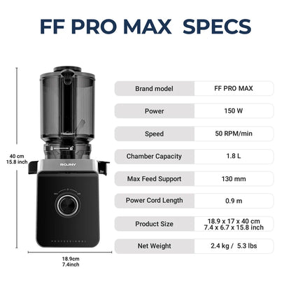 ROUNY Cold Press Extractor with Filter-Free, Easy Clean Electric Fruit Slow Juicer Machine with 130mm Large Feed Caliber,  Black