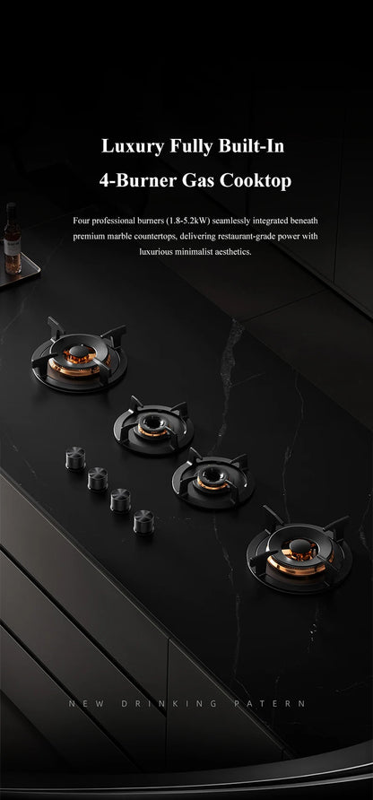 Premium Built-in NG Gas Cooktop 4-Burner 5.2KW Copper Flame Failure Protection Panel-Ready for Custom Kitchen