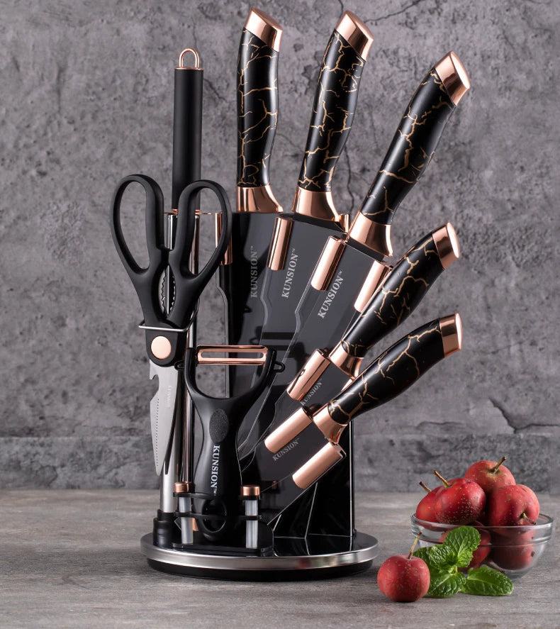 Kitchen Knife 9pcs Acrylic Knife Holder Stainless Steel Slicing Knife Bread Knife Fruit Knife Chef Knife