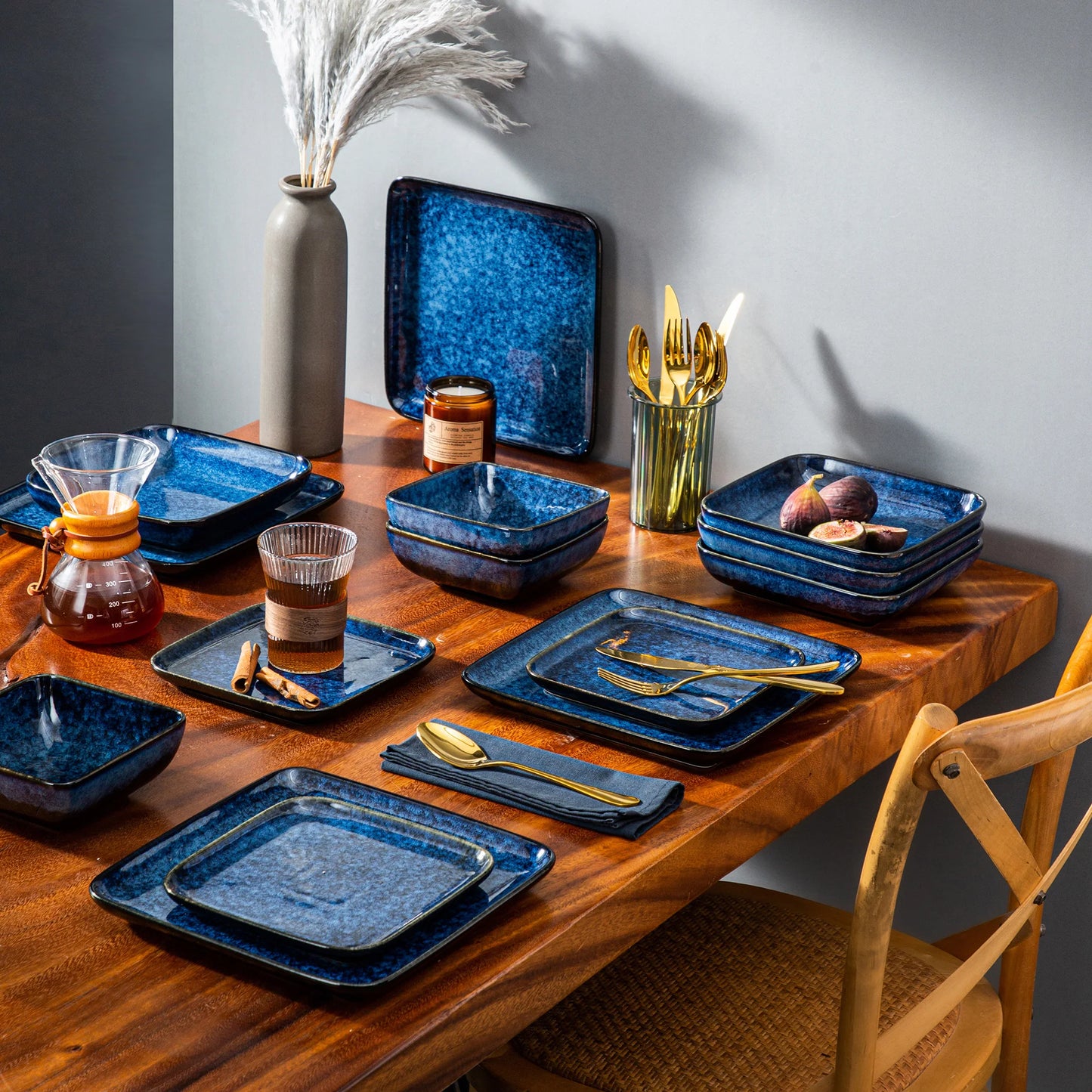 Vancasso Stern Dinner Set Blue Square Kiln Change Glaze Tableware 16 Pieces Kitchen Dinnerware Ceramic Crockery Set for 4 Person