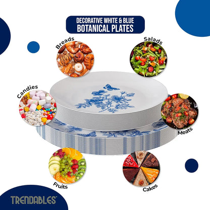Disposable Plates For Party Supplies | Blue Floral Plastic Plates For Wedding 40 Pcs - 20 X 8 & 20 X 10 Dinner Plate Sets | F