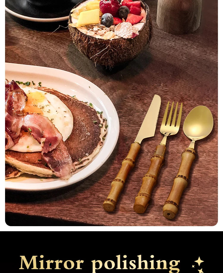 24Pcs Dinnerware Sets Original Nature Bamboo Handle Cutlery Stainless Steel Knife Fork Spoon Purely Natural Bamboo Tableware Set
