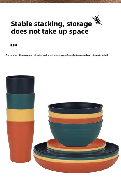 Natural Wheat Straw Tableware Set Dinnerware Sets Biodegradable Unbreakable Plates, Bowls, Cups Lightweight for Kitchen Camping