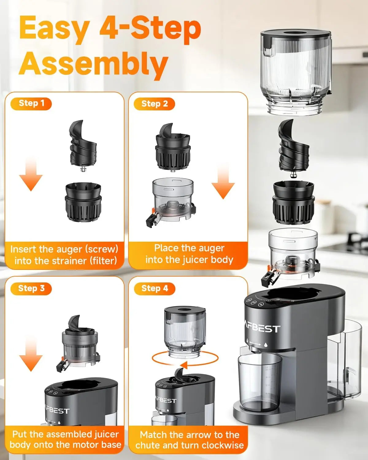 AFBEST 5.8" Extra-Large Chute 2-in-1 Cold Press Juicer – Whole Fruit & Vegetable Masticating Extractor with 100oz Capacity, Nut Milk Function, Easy-Clean Design, Premium Gray