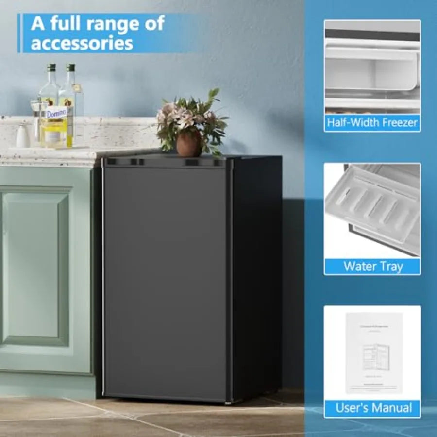 Dorm fridge with freezer for bedroom/office/kitchen/dorm: 3.2 cu.ft black compact refrigerator, reversible door, adjustable the