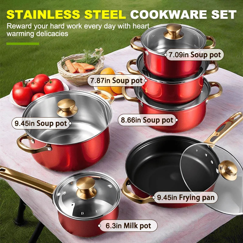 us12pcs Red Pot Set, Stainless Steel, Non-Stick Pan, Kitchen Cookware Set, Non-Stick Cooking Set, A Variety of Pots to Meet All Kitchen Needs, The Most Beautiful And Practical Gift for Mothersd
