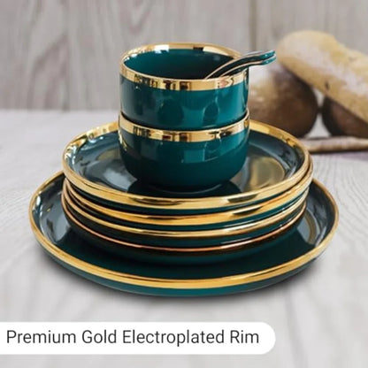18-Piece Ceramic Dinner Set for 4 People Elegant Green Tableware with Rice Bowls Spoons Soup Bowl Deep Shallow Plates and Sauce