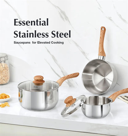 KOCH SYSTEME CS Stainless Steel Saucepan 1QT/2QT/3QT Milk Pot Stewpot with Heat-resistant Bakelite Handle Sauce Pans Induction