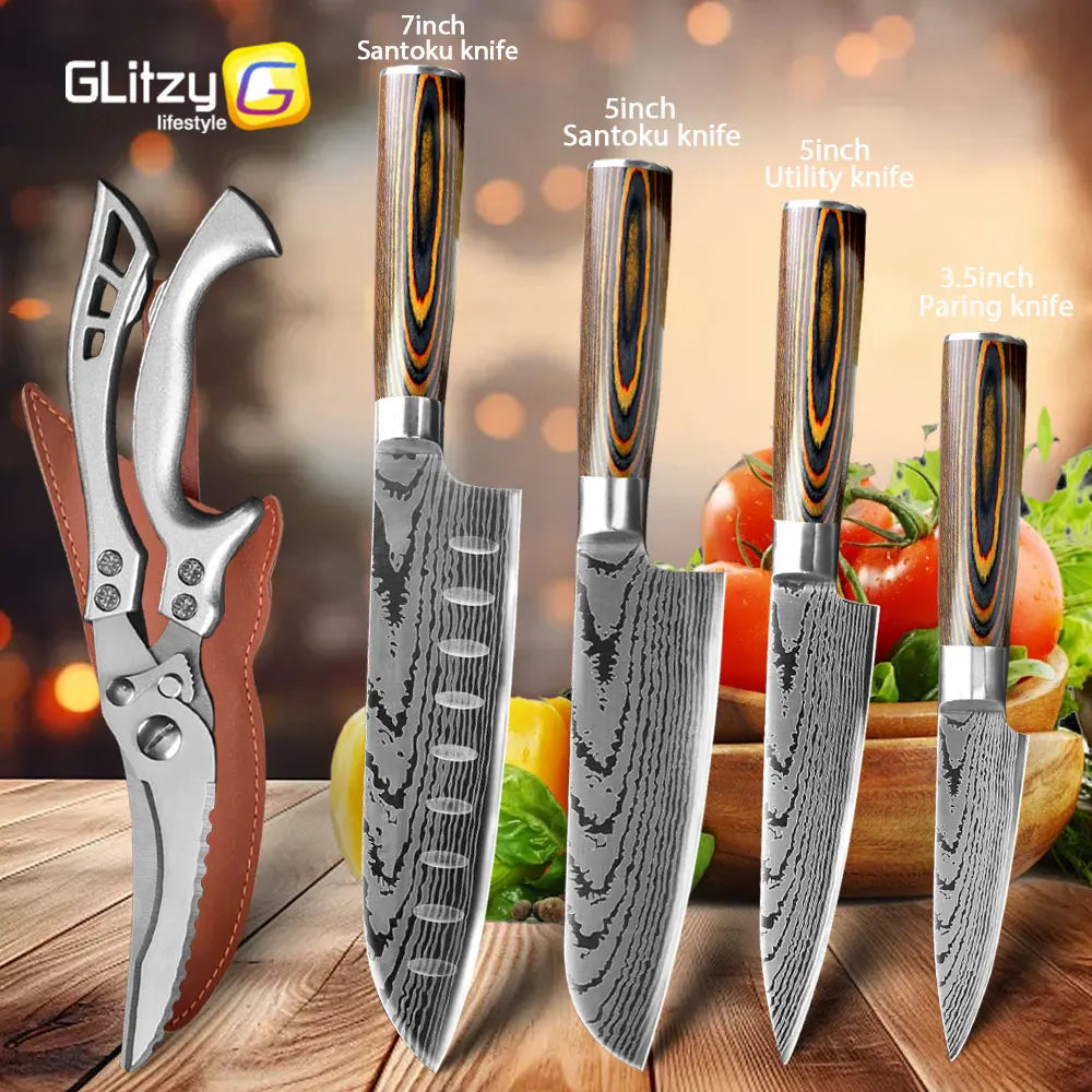 Kitchen Knife Set Professional Chef Knife 7CR17 Germany Stainless Steel Damascus Laser Meat Cleaver Slicing Santoku Cutter Tools