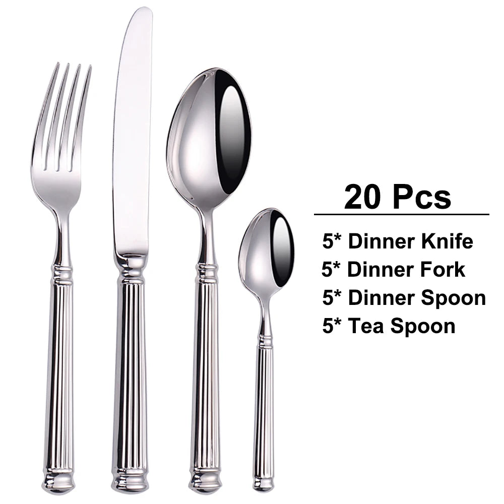 12/16/20 Pieces Sliver Tableware Set Stainless Steel Cutlery Elegant Dinnerware Vintage Knife Spoon Fork Set Kitchen Utensils