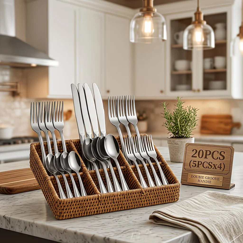 20-Piece Stainless Steel Flatware Set (Includes Knives, Forks, and Spoons) — Ideal for Western Dining & Restaurant Use | Suitabl