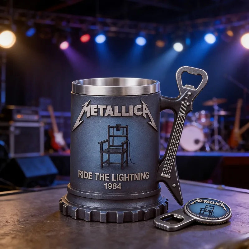 Metallica Ride The Lightning 1984 Collectible Mug, Guitar Handle Stainless Steel Lined Beer Stein, Heavy Metal Rock Fan Gift