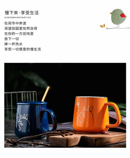 400ml New Product European Style Light Luxury Gold-painted Ceramic Coffee Mug with Lid Spoon Water Cup Cartoon Mug