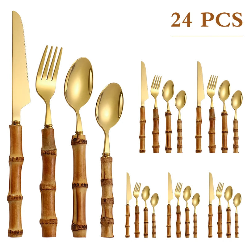 24Pcs Dinnerware Sets Original Nature Bamboo Handle Cutlery Stainless Steel Knife Fork Spoon Purely Natural Bamboo Tableware Set