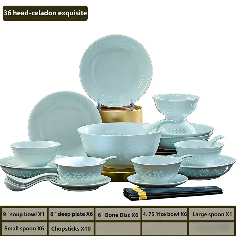 Celadon Dinnerware Set 22/40/70pcs Linglong Ceramics Dish Sets Full Set Luxury China Tableware Set For 4/6/10 Persons Dinner Set