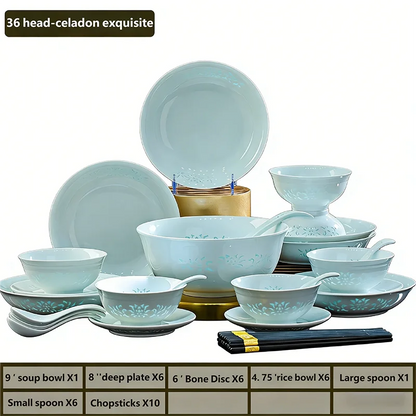 Celadon Dinnerware Set 22/40/70pcs Linglong Ceramics Dish Sets Full Set Luxury China Tableware Set For 4/6/10 Persons Dinner Set