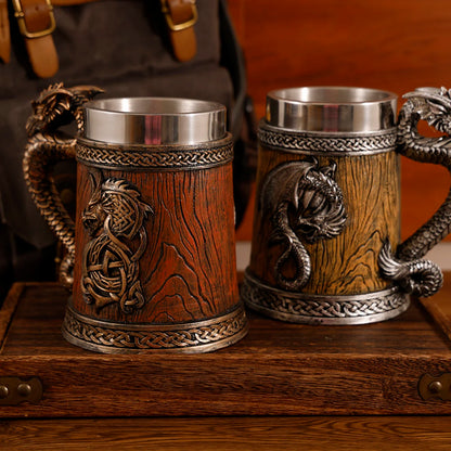 2024 New Medieval Large Dragon Barrel Beer Stein Tankard Coffee Cup Mug Resin Stainless Steel Insert Tankard for Halloween Gift