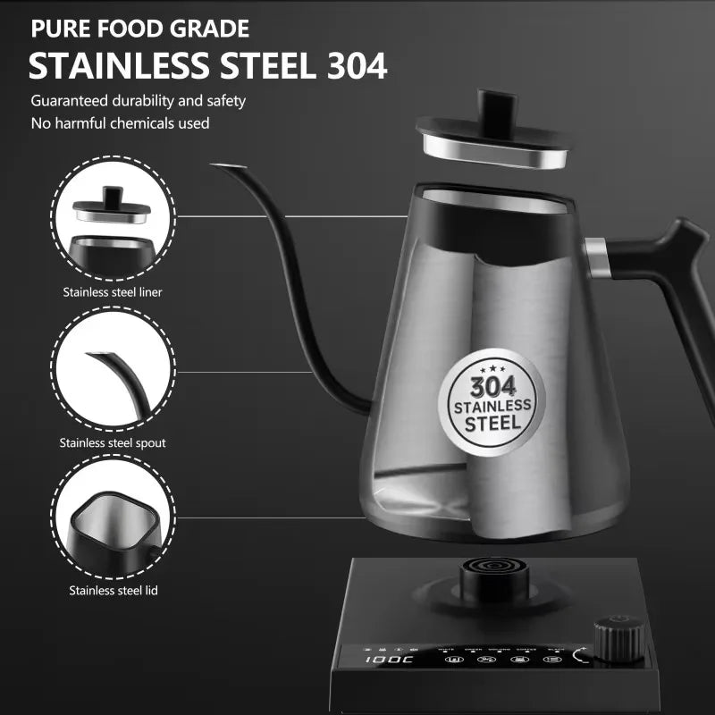 110V 220V 1000W Premium Stainless Steel Ultra-Fast Hot Water Boiler 40-100℃ 600ML Electric Gooseneck Pour Over Coffee Kettle