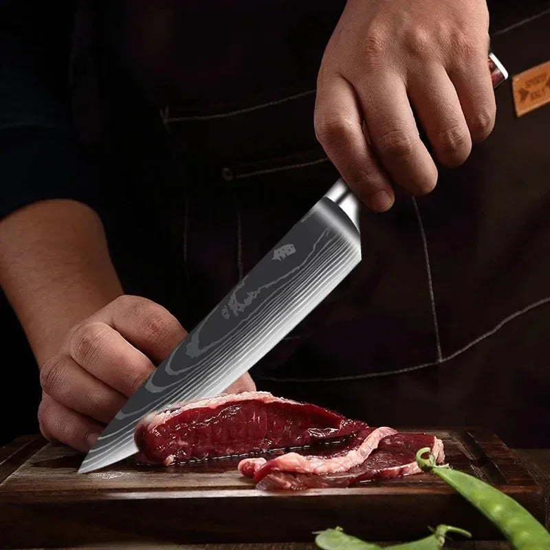 Damascus Pattern Knives Set Stainless Steel Chef Knife Japanese Santoku Knife Boning Knife Meat Cleaver Household Bread Knives