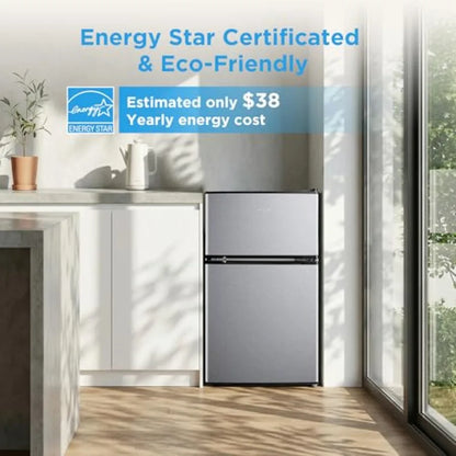 Compact 3.1 Cu Ft Mini Fridge with Freezer for Office/Dorm/Bedroom, Silver Steel, Energy Star Certified, Interior Light Adjusta