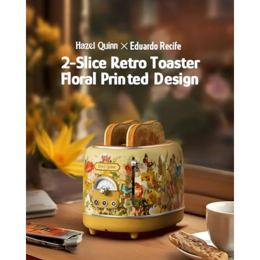2-Slice Retro Toaster with 6 Browning Levels 3 Functions-Defrost/Reheat/Cancel Removable Crumb Tray 1.5 Inches Extra Wide Slots