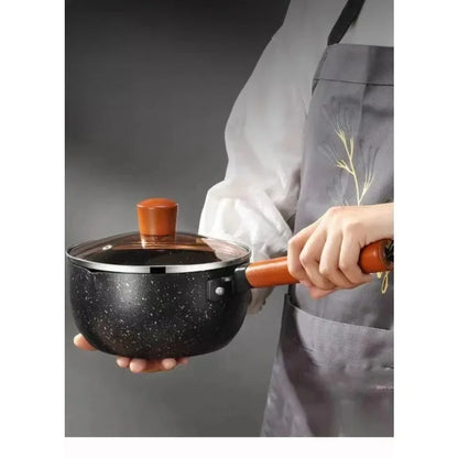 14cm/16cm Non-Stick Sauce Pan Soup Pot Wooden Handle Stick Proof Sauce Pan with Pour Spout Milk Saucepan for Home Kitchen New