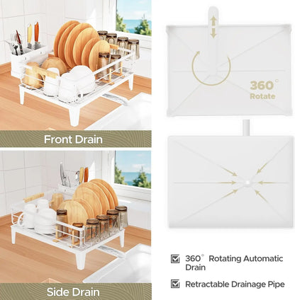 Upgrade Dish Racks for Kitchen Counter Carbon Steel Dish Drainer with Removable Cutlery Holder & Drainboard, White