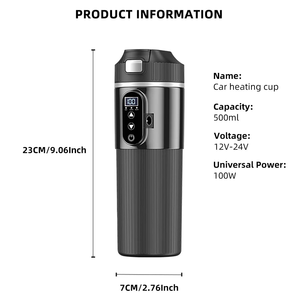Yanace Smart Car Kettle 12V/24V Portable Electric Heating Cup with Digital Display Camping Office 500ml Capacity Black Design