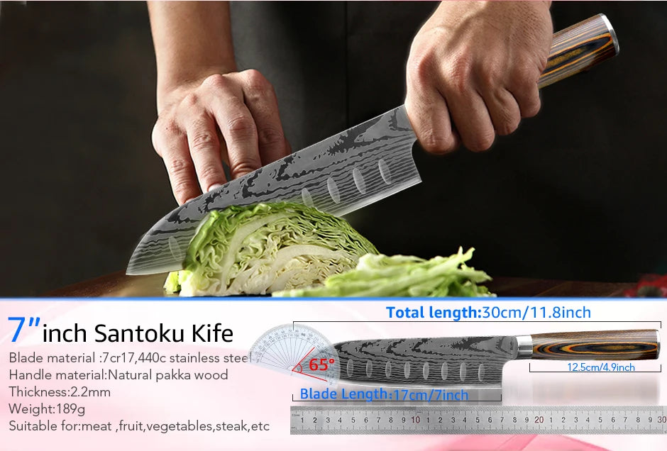 Kitchen Knife Set Professional Chef Knife 7CR17 Germany Stainless Steel Damascus Laser Meat Cleaver Slicing Santoku Cutter Tools