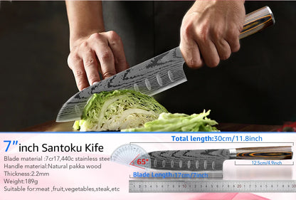 Kitchen Knife Set Professional Chef Knife 7CR17 Germany Stainless Steel Damascus Laser Meat Cleaver Slicing Santoku Cutter Tools