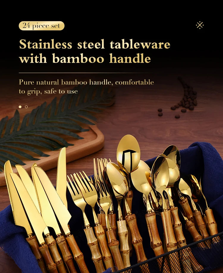 24Pcs Dinnerware Sets Original Nature Bamboo Handle Cutlery Stainless Steel Knife Fork Spoon Purely Natural Bamboo Tableware Set