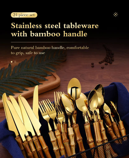 24Pcs Dinnerware Sets Original Nature Bamboo Handle Cutlery Stainless Steel Knife Fork Spoon Purely Natural Bamboo Tableware Set