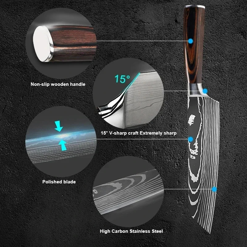 Japanese Santoku Knife 10pcs Damascus Pattern Knives Set Chef's Knife Boning Knife Meat Cleaver Vegetable Slicing Knives