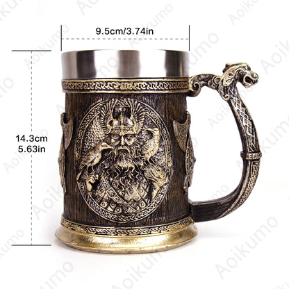 Norse Mythology Odin Thor Mug Tankard 304 Stainless Steel Resin 3D Retro Beer Stein Birthday God of War Lover Gift 600ml 20 oz