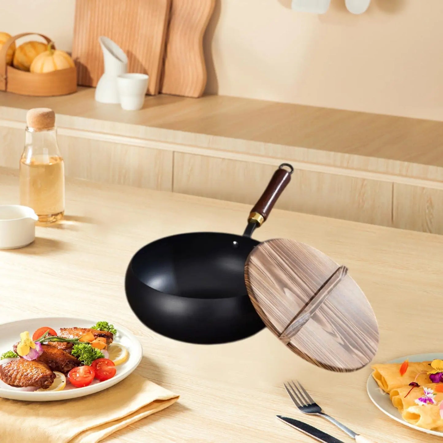 Nonstick Wok, Chinese Wok, Flat Bottom Cookware Stir Fry Pan with Wooden Lid for Kitchen Home Restaurant