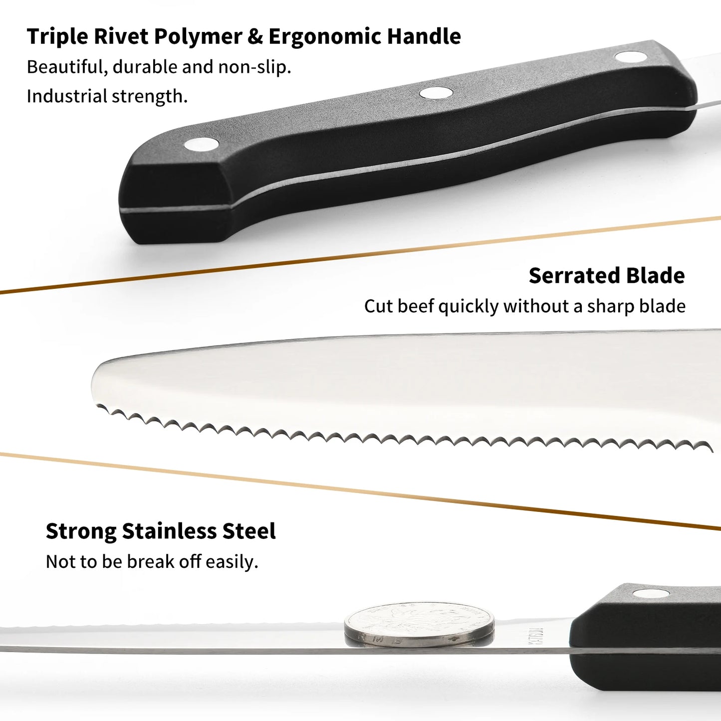 12 Pieces 4.5 Inch Steak Knives Set, Round Tip Serrated Steak Knives with POM Triple Rivets Handle, Dishwasher Safe