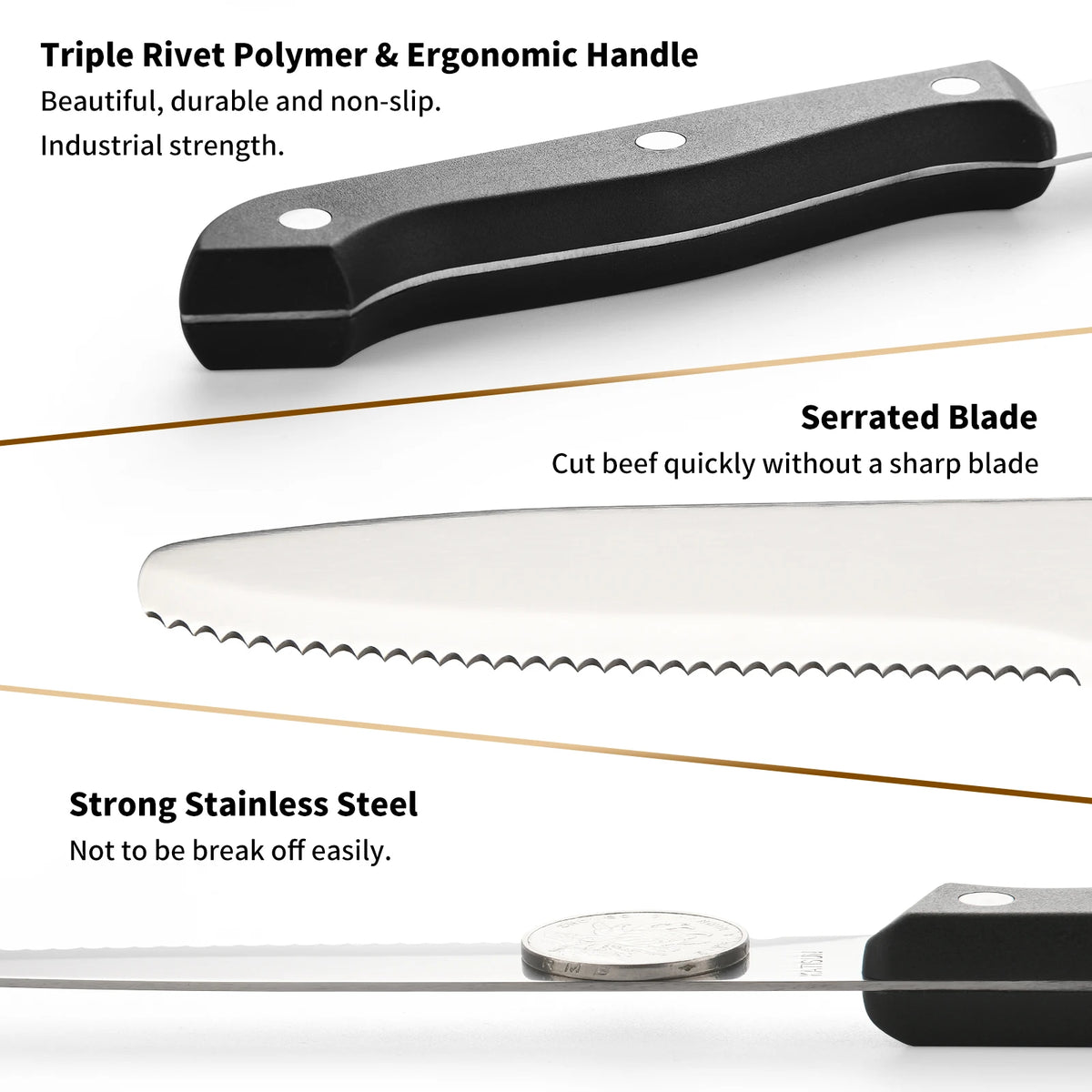 12 Pieces 4.5 Inch Steak Knives Set, Round Tip Serrated Steak Knives with POM Triple Rivets Handle, Dishwasher Safe