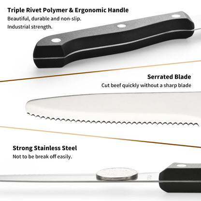 12 Pieces 4.5 Inch Steak Knives Set, Round Tip Serrated Steak Knives with POM Triple Rivets Handle, Dishwasher Safe