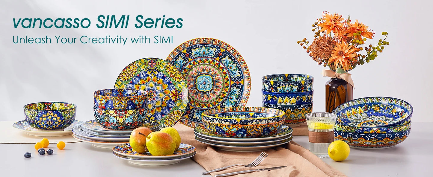 vancasso 24 Pcs Dinnerware Sets Bohemian Double Side Porcelain Ceramic Plates Set with 6PCS Dinner Plate/Dessert Plate/Soup/Bowl