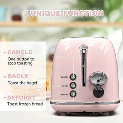Toaster 2 sliceRetro Stainless Steel Toaster with 6 Settings 1.5 In Extra Wide Slots Bagel/Defrost/Cancel Function Removable Cr