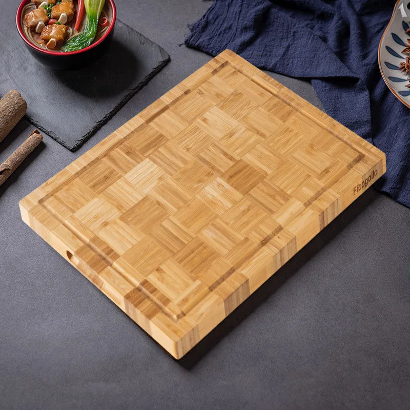 Checkerboard Moso Bamboo Cutting Board, Bamboo Chopping Board with Juice Groove & Hanging Carry Hole, Portable Fruit Vegetable