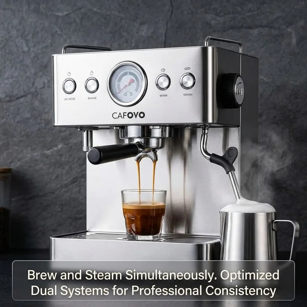 CAFOVO E129 Semi-automatic Coffee Machine Dual Boiler Dual Pump 20 Bar Espresso Machine with Pressure Gauge for Barista