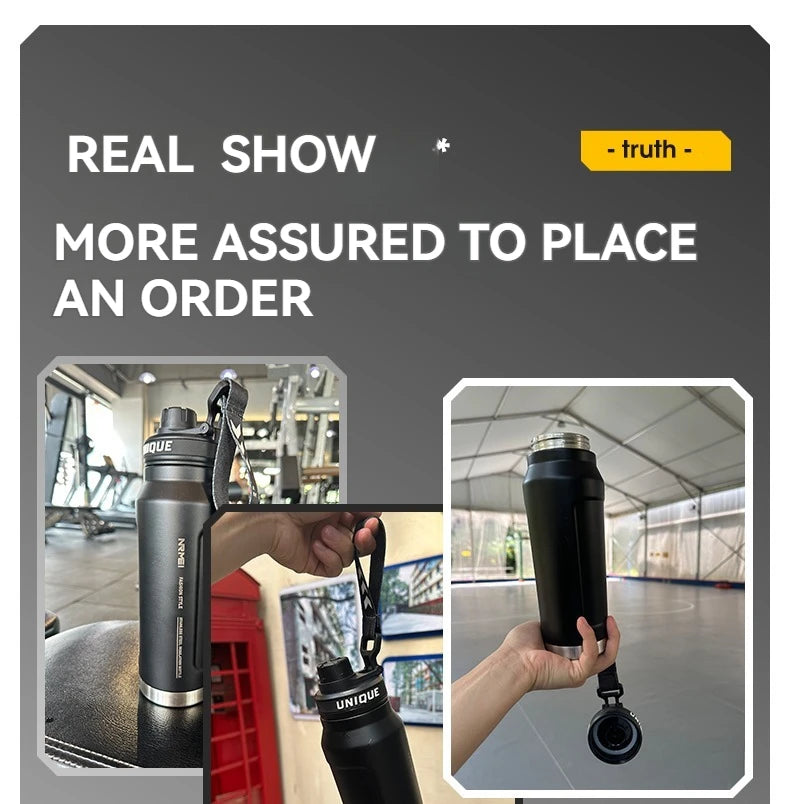 1L Insulated Cold Water Bottle Thermos Stainless Steel Tumbler Qutdoor Sports Handle Vacuum Flasks Double Wall Cup