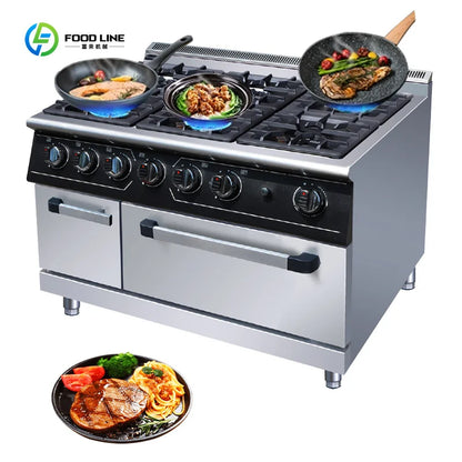 Luxury Six-head Gas Commercial Vertical Pot Stove with Electric Oven, High-power Gas Stove for Hotels and Restaurants Customized