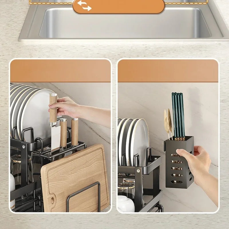Kitchen Dish Drain Rack Plates Bowls Chopsticks Carbon Steel Storage Rack with Drain Board Sink Countertop Tableware Storage