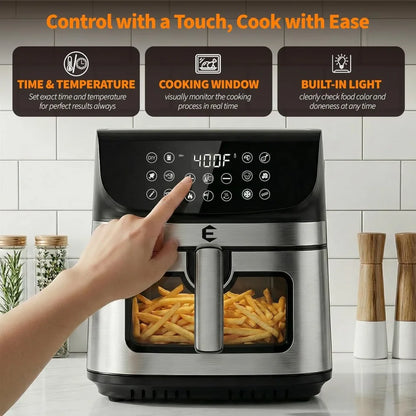 9.5Qt Large Air Fryer Oven, 12 Digital Presets, Non Toxic Stainless Steel, Viewing Window, XL Basket for Family