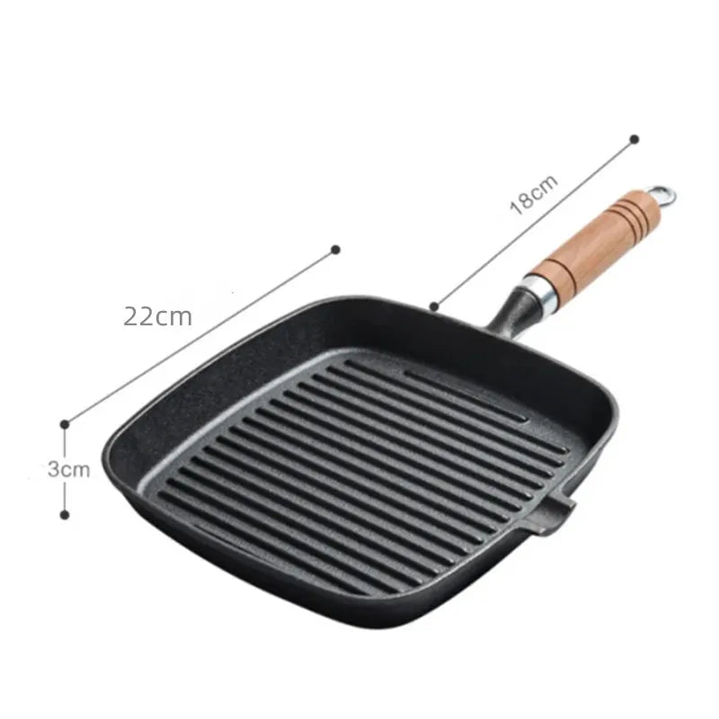 22cm 24cm Thickened Cast Iron Steak Frying Pan Non-coated Non-stick Household Stripes Frying Steak Special Pan