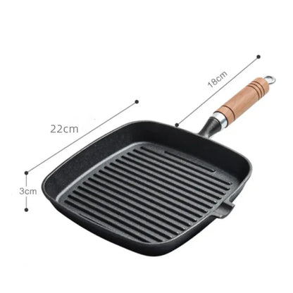 22cm 24cm Thickened Cast Iron Steak Frying Pan Non-coated Non-stick Household Stripes Frying Steak Special Pan